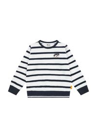 Gestreiftes langärmliges Sweatshirt in Weiß und Marineblau. Weiche Textur mit rundem Ausschnitt, verziert mit einer Bären-Stickerei und kontrastierenden Bündchen.
