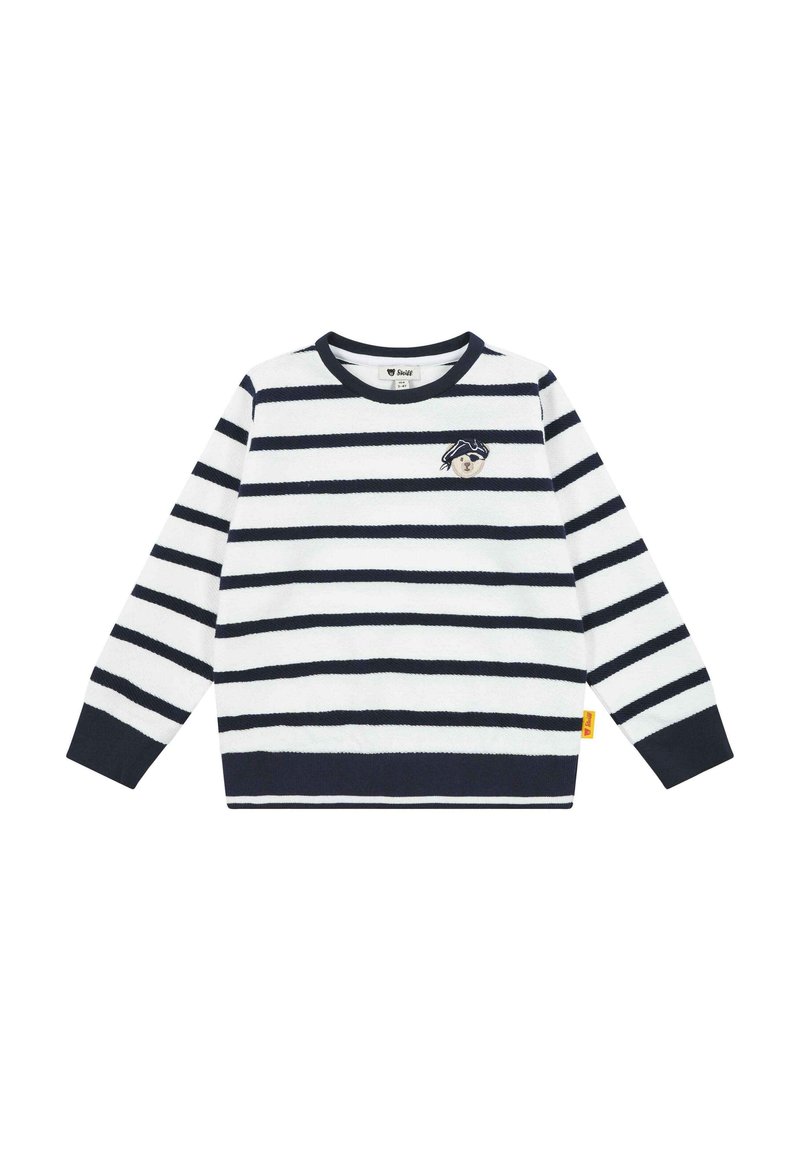 Gestreiftes langärmliges Sweatshirt in Weiß und Marineblau. Weiche Textur mit rundem Ausschnitt, verziert mit einer Bären-Stickerei und kontrastierenden Bündchen.