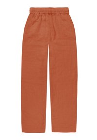 Linenhose in rostfarbener Ausführung mit weit geschnittenem Bein. Sie verfügt über einen elastischen Bund und eine glatte, atmungsaktive Textur. Keine Taschen.