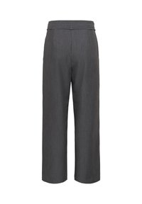 Grijze wijde pantalon van een subtiele geweven stof. Heeft een soepele tailleband en een ontspannen, rechte silhouette. Achteraanzicht weergegeven.