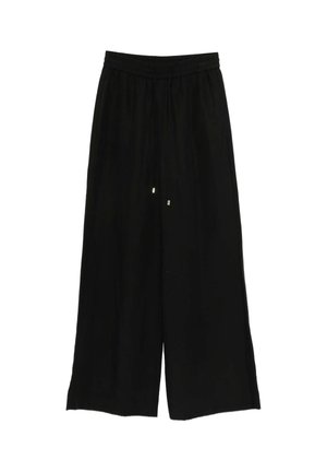 Zwarte broek met wijde pijpen, een elastische tailleband en koordsluitingen aan de voorkant, gemaakt van lichtgewicht stof.