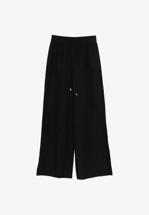 Zwarte broek met wijde pijpen, een elastische tailleband en koordsluitingen aan de voorkant, gemaakt van lichtgewicht stof.