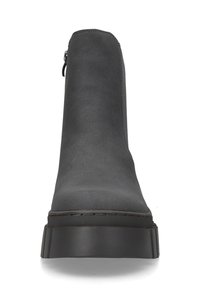 Gray suede ankle boot with a smooth finish, rounded toe, and a chunky black sole. Features a side zipper for easy wear.