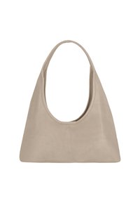Beige Leder-Schultertasche mit großem ausgeschnittenem Griff, minimalistischem Design, glatter Textur und dreieckiger Form. Kein sichtbares Metallbeschlag.