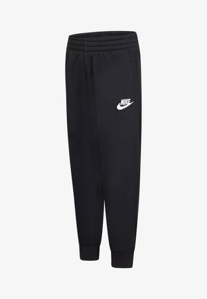 Schwarze Nike-Jogginghose mit elastischem Bund, gerippten Bündchen und einem weißen Logo auf dem Oberschenkel. Hergestellt aus weichem Stoff.