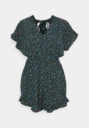 Dark green floral short-sleeve dress with V-neck, tie-back detail, elastic waist, and ruffled hem.