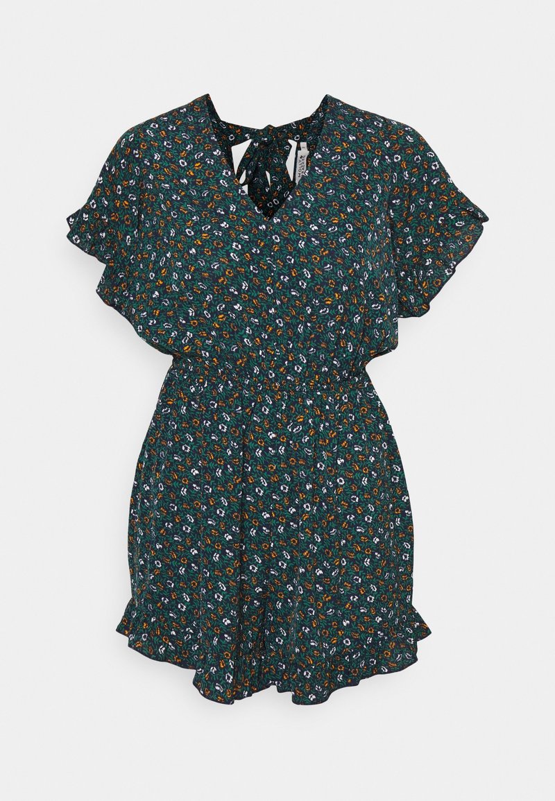 Robe courte à manches courtes de couleur vert foncé à motif floral, avec encolure en V, détail à nouer dans le dos, taille élastique et ourlet à volants.
