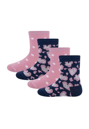 Four children's ankle socks alternating pink with white polka dots and navy with pink heart patterns on a white background.