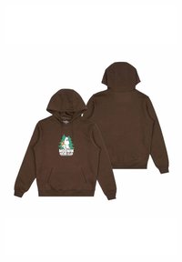 Ruskea huppari, jossa edessä Mörkö-hahmon kuva ja teksti "Moomin Hiking Club". Pehmeää kangasta, kengurutasku ja säädettävä huppu.