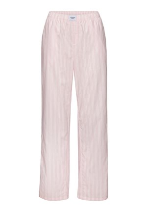 Hellrosa gestreifte Baumwoll-Pyjamahose mit elastischem Bund und einem weißen Etikett vorne in der Mitte.