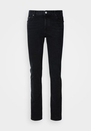 Zwarte denim jeans met een slim fit, voorzien van een front pocket, riemlussen en een knoopsluiting. Gladde textuur, minimalistisch ontwerp.