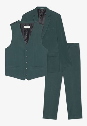 Grøn tre-dels jakkesæt inkluderer en tætsiddende vest med seks knapper, blazer med revers og bukser med lige front, alt sammen i et tekstureret materiale.