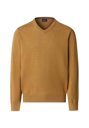 Heren camelbruine V-hals lange mouwen trui met geribbelde manchetten en zoom, weergegeven op een witte achtergrond.
