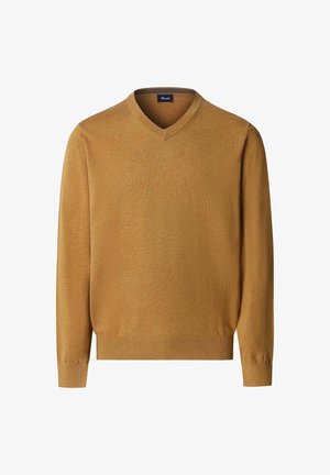 Maglione da uomo color cammello con scollo a V e maniche lunghe, con polsini e orlo a coste, mostrato su uno sfondo bianco.