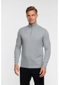 Pull-over en tricot gris à col zippé, fabriqué dans un matériau doux, avec des manches longues et un ourlet côtelé pour une coupe ajustée.