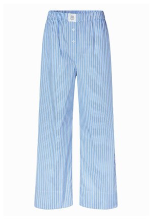 Svetlo modre in bele prugaste pižamne hlače z udobnim krojem, elastičnim pasom in dvema sprednjima gumboma. Mehka bombažna tkanina z gladko teksturo.