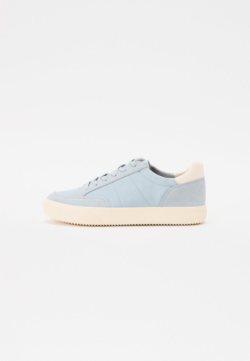 Light blue sneaker with a smooth leather finish, featuring a low profile, round toe, and contrasting cream rubber sole.