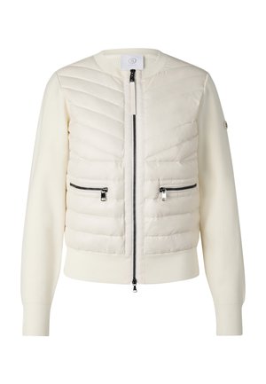 Eierschalenweiße gesteppte Jacke mit durchgehendem Reißverschluss, gerippten Ärmeln, Kragen und Saum, zwei vorderen Reißverschlusstaschen und kleinem Logo am linken Ärmel.