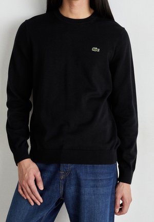 Person trägt einen schwarzen Pullover mit langen Ärmeln und kleinem grünem Krokodil-Logo auf der Brust sowie blaue Jeans vor einfachem Hintergrund.