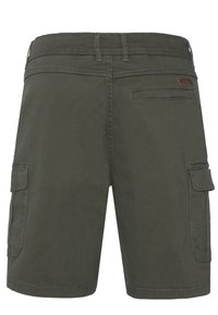 Dark green cargo shorts with belt loops, back welt pocket, and side flap pockets, shown from the rear.