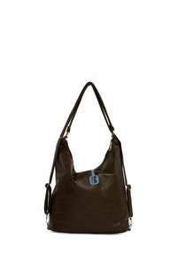 Tmavohnedá taška cez rameno vyrobená z textúrovaného materiálu. Vyznačuje sa širokým otvorom, zakriveným tvarom a modrým akcentom na štítku. Súčasťou je nastaviteľný popruh.