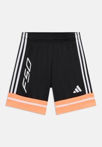 Calções de desporto pretos com riscas brancas, uma risca laranja na bainha e o logo "F50" em branco. Feitos de material leve e que afasta a humidade.