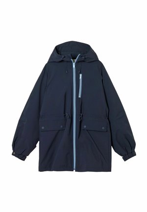 Tmavomodrá kapucňová bunda so svetlomodrými zipsami na prednej strane a na hrudi, dvoma vreckami s chlopňou na patentné gombíky, nastaviteľnými sťahovacími šnúrkami v páse a elastickými manžetami.