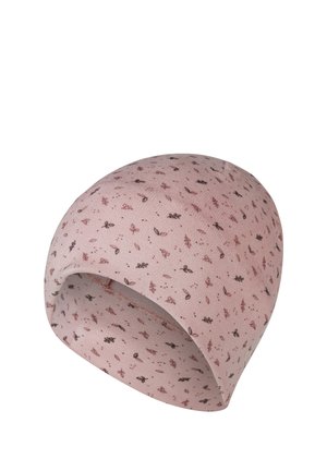 Soft pink beanie hat with small dark brown and light pink leaf and seed patterns all over the fabric.