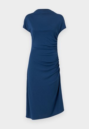 Mornarnički plavi haljina s kratkim rukavima, detalj s naborima sa strane, mekani materijal, opušteni kroj i dizajn do koljena.