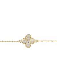 Gold bracelet with a floral design, featuring four light nacre petals and a central clear stone. The chain is delicate and linked.