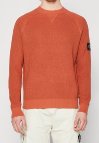 Orange stickad tröja med ribbad halsringning och ärmslut, med en svart logotypapplikation på vänstra ärmen. Slät textur, figurnära design.