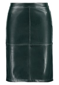 Jupe crayon en cuir vert foncé avec une texture lisse, longueur genoux, présentant des détails de coutures verticales et un design taille haute.