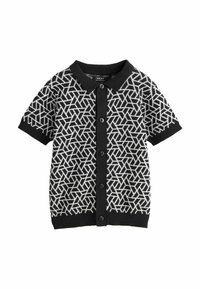 Schwarze kurzärmlige Strickjacke mit geometrischem weißen Muster und Knopfverschluss sowie Kragen. Hergestellt aus einem Strickmaterial.