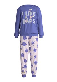 Lila Schlafanzug-Set mit einem Langarmshirt, das den Text "ICH MAG NAPS" zeigt, und verspielten Monster-Mustern auf rosa Hosen mit umgeschlagenem Saum.