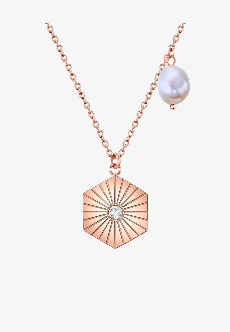 Roosa kuldne kaelakee, millel on kaheksanurkne ripats, millel on kiirgavad jooned, keskmine selge kink ja rippuv valge pärl.