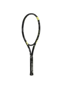 Zwarte tennisracket met gele en witte smiley-gezichtontwerpen op het frame en een zwarte grip omwikkeld met merkband.