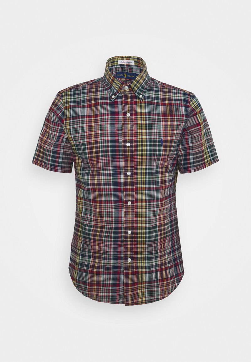 Short-sleeve button-up shirt in multicolored plaid pattern, featuring shades of green, red, yellow, and navy. Oxford cloth texture.