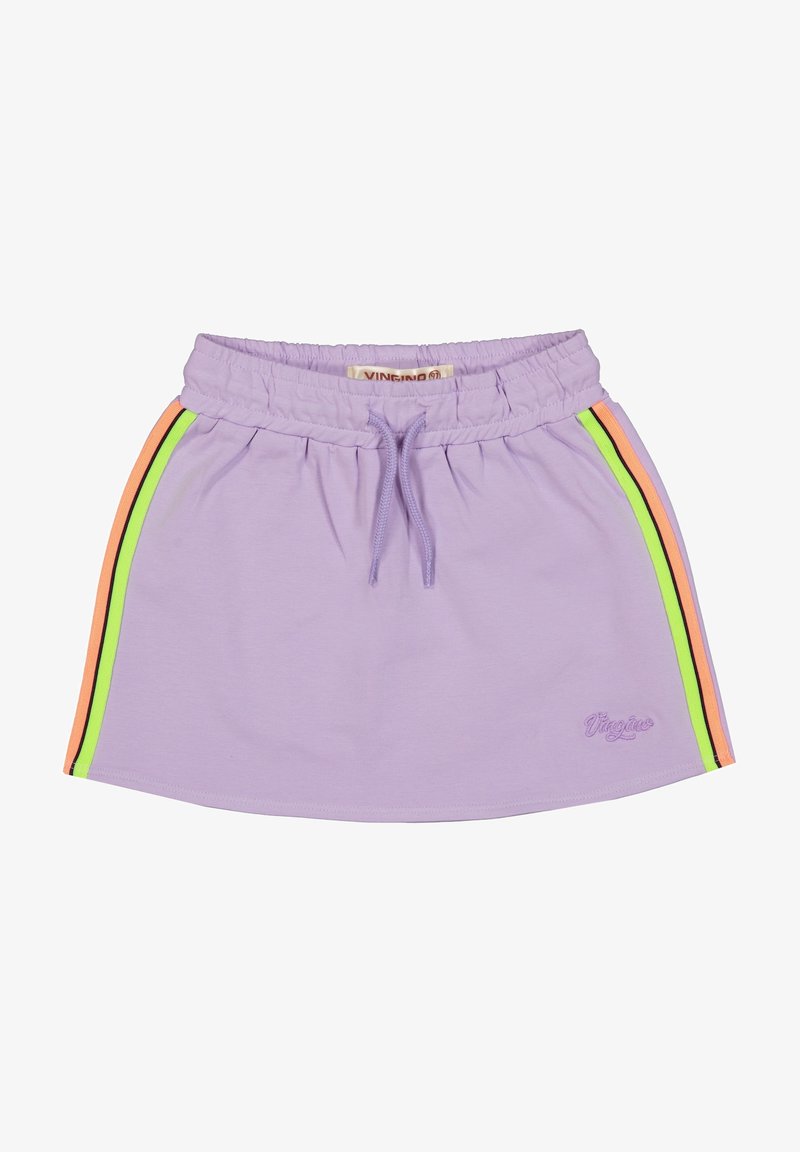 Jupe taille élastique lilas avec bandes latérales en orange, vert néon et noir, dotée d'un cordon de serrage et d'un petit logo brodé sur le devant.