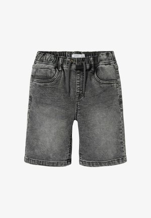 Sivi džins šortsi z elastičnim pasom, z vrvico, dvema sprednjima žepoma in z bledim videzom po vsej dolžini.