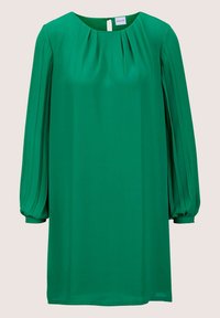 Grünes, langärmliges Kleid mit Rundhalsausschnitt, gefältelten Ärmeln und geradem Schnitt. Hergestellt aus einem glatten Stoff mit leichtem Glanz.
