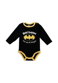 Black long-sleeve bodysuit with yellow trim, featuring a Batman logo and text "I'm up all knight" printed on the front.