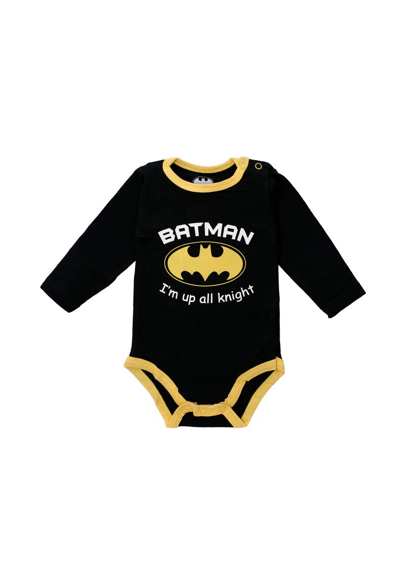 Black long-sleeve bodysuit with yellow trim, featuring a Batman logo and text "I'm up all knight" printed on the front.