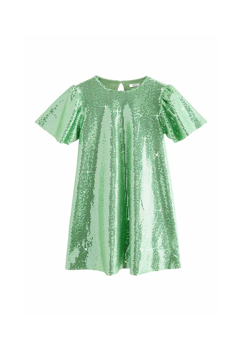 Robe en sequins verts avec de courtes manches bouffantes, encolure ronde et détail en trou de serrure au dos. Texture lisse avec des accents réfléchissants partout.