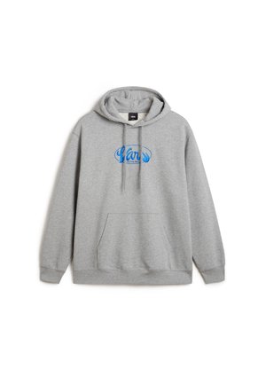 Szara bluza z kapturem, przednią kieszenią i niebieskim logo "Vans Off The Wall" na środku klatki piersiowej.