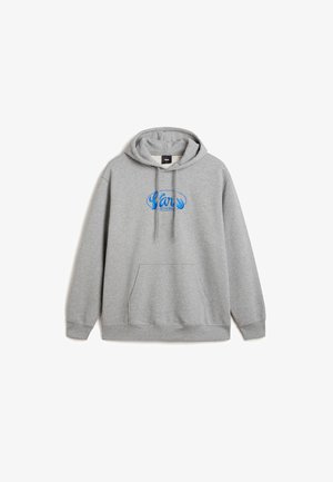 Sudadera gris con capucha, bolsillo delantero y logotipo azul "Vans Off The Wall" centrado en el pecho.
