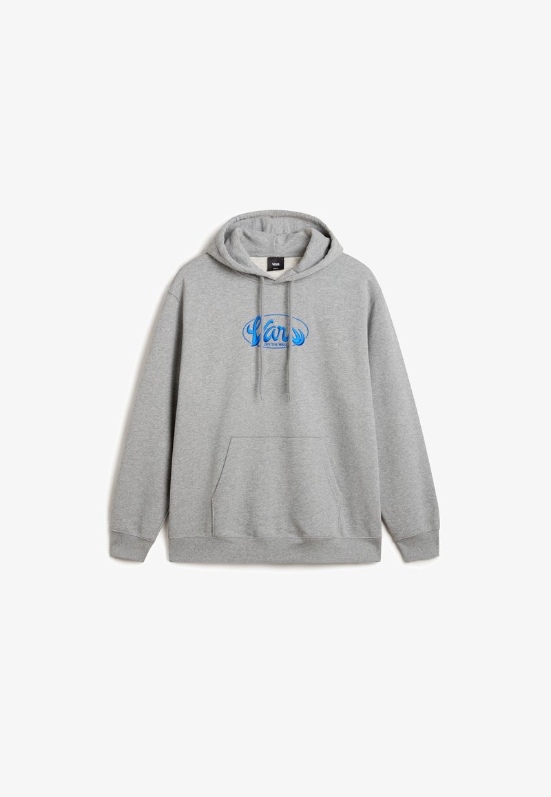 Sweat à capuche gris avec poche avant et logo bleu « Vans Off The Wall » centré sur la poitrine.