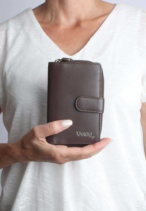 Brown leather wallet with zip closure, buttoned flap, and embossed logo. Compact rectangular shape with clean lines and a smooth texture.