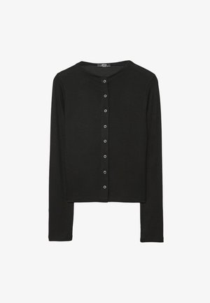 Cardigan nero a maniche lunghe con scollo tondo, in tessuto a coste strutturate e chiusura anteriore con bottoni metallici grigi.
