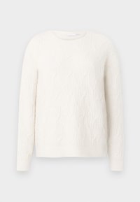 Cream, knitted sweater with a textured cable pattern, round neckline, and long sleeves. Soft material, casual fit, solid color throughout.