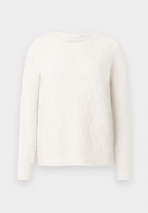 Krém színű, kötött pulóver texturált fonott mintával, kerek nyakkal és hosszú ujjakkal. Puha anyag, laza szabás, egységes szín az egész felületen.